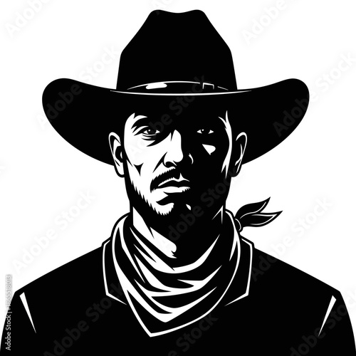 A striking black and white illustration of a cowboy wearing a hat and bandana