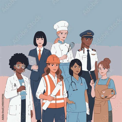 Diverse professionals in various careers and occupations standing together