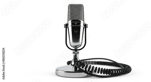 A vintage-style dynamic microphone with a coiled cord on a white background.