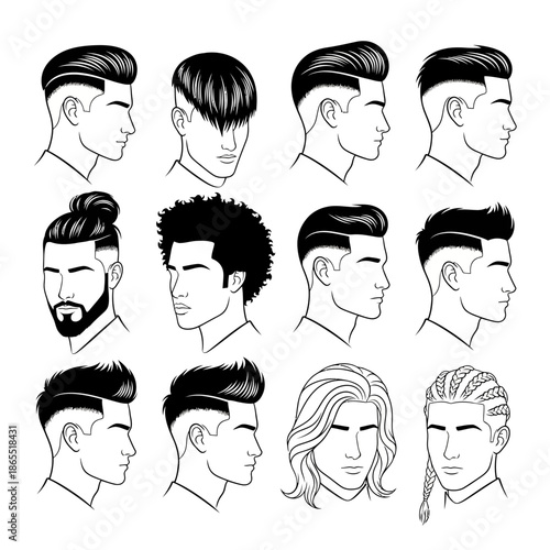 Variety of modern men s hairstyles and haircuts illustrated in black and white