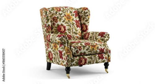 Floral patterned armchair with gold feet on a white background