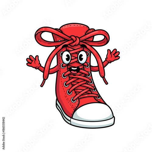 A cheerful red cartoon sneaker with a face and waving hands