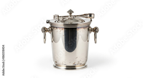 Shiny metal ice bucket with lid and handles on a white background.