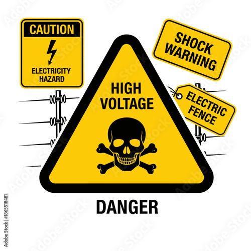 Electrical hazard and high voltage warning signs with skull and crossbones illustration
