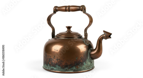 Copper kettle with verdigris patina on a white background.