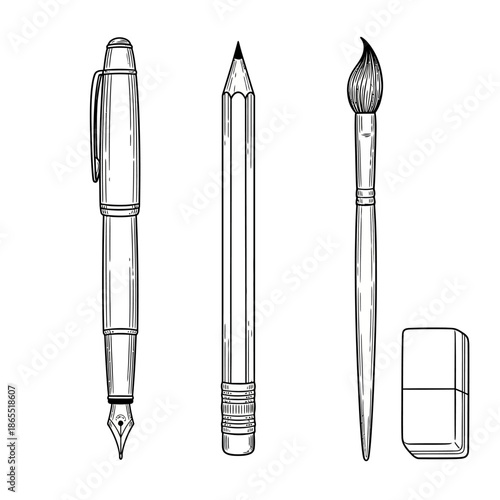 A collection of drawing tools pen pencil paintbrush and eraser