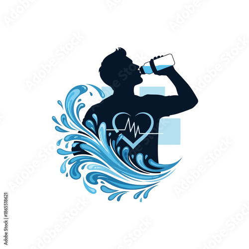 Man drinking water with a heart and water splash design