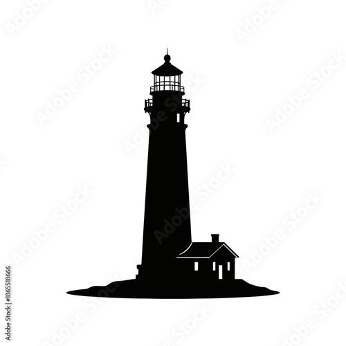 A striking black silhouette of a classic lighthouse with a keeper s cottage