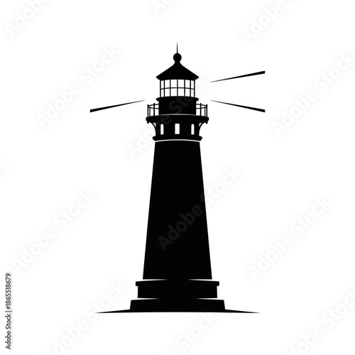 A stark black and white illustration of a classic lighthouse structure