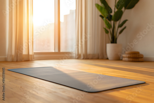 Mental fitness space Empty yoga mat by window sunrise light plant calm minimal sanctuary peaceful