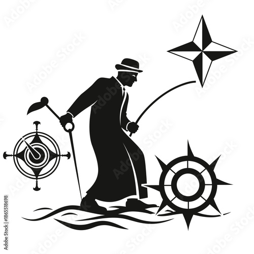 A silhouette of a man flying a kite with navigational elements around him