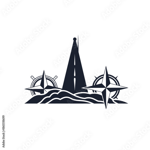 Nautical emblem featuring a ship waves helm and compass rose design