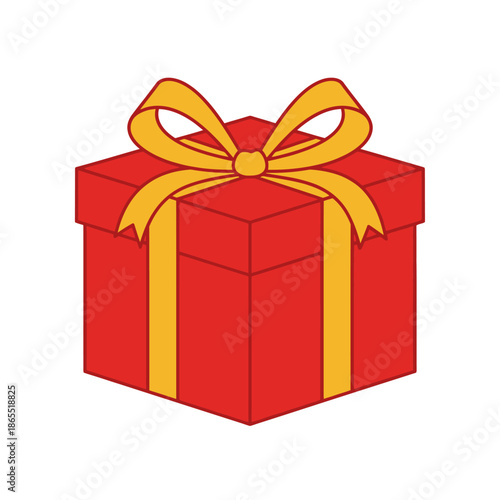 A brightly colored red gift box tied with a golden yellow ribbon
