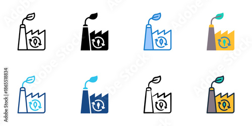Green factory icon set multiple style collection. Editable stroke 
