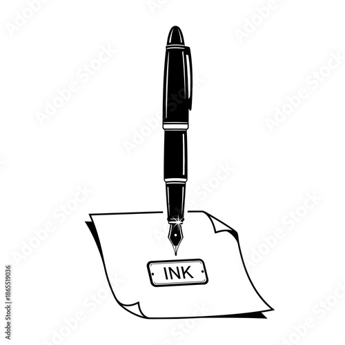 A black fountain pen resting on a white piece of paper with ink