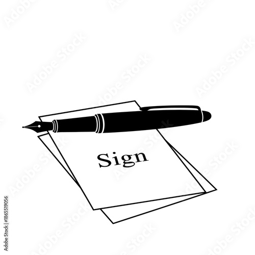 A black fountain pen rests on a stack of papers labeled sign