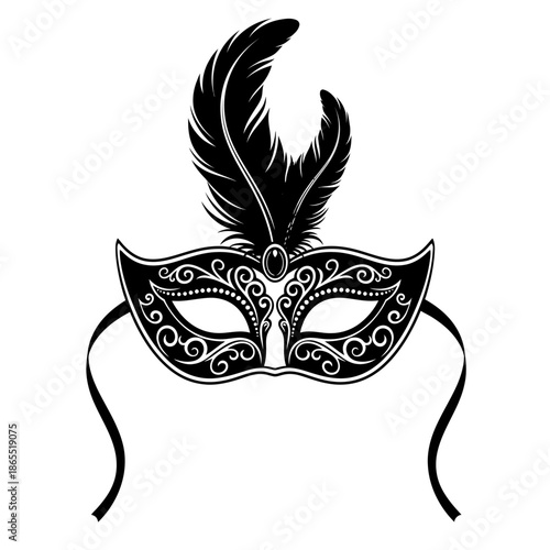 Elegant black masquerade mask with feather adornment isolated on white background
