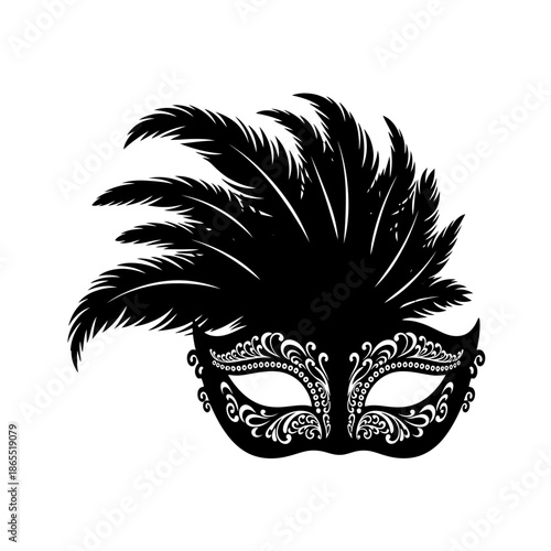 Elegant black feathered masquerade mask with intricate silver detailing on a white background