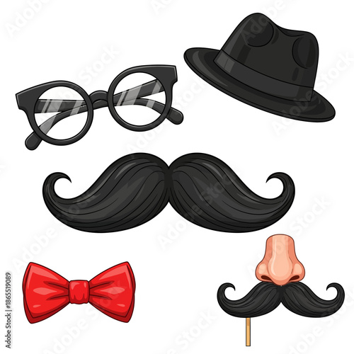 A collection of comical face accessories hats glasses mustaches and more