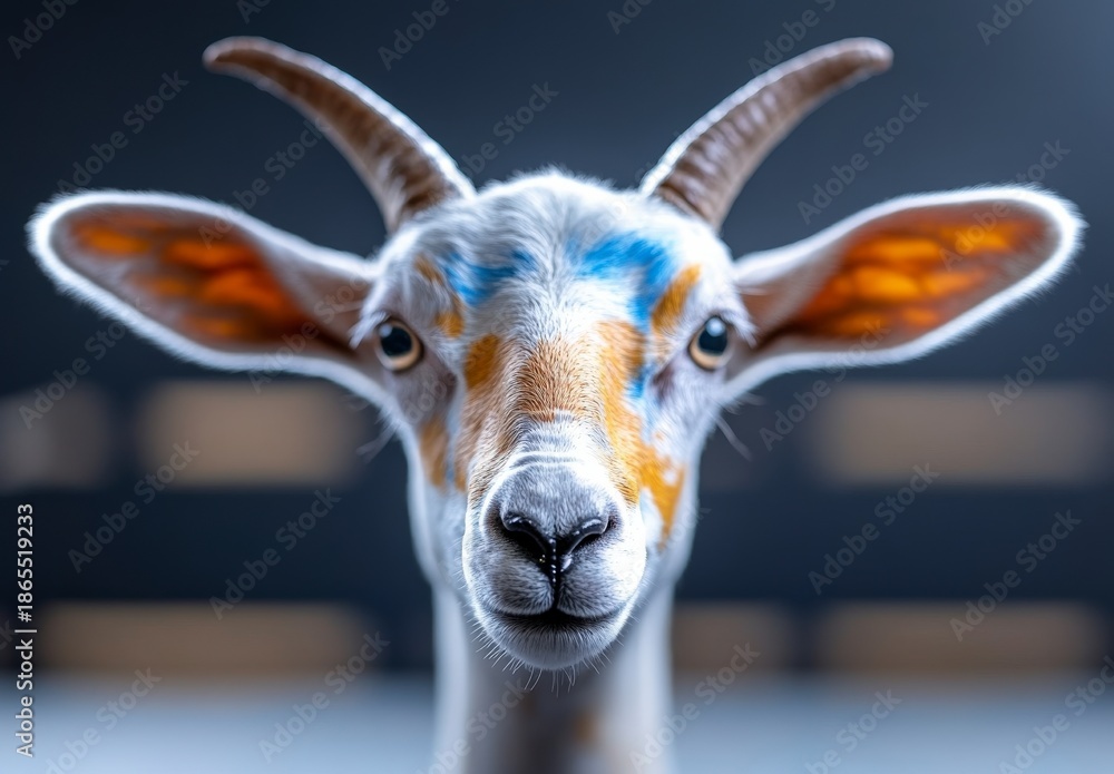Obraz premium Close-Up of a Goat with Colorful Face Paint Against a Dark Background for Animal Photography