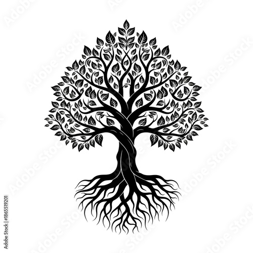 Detailed black and white illustration of a tree of life with intricate roots