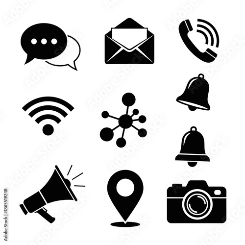 Collection of communication and notification icons in a minimalist black and white style