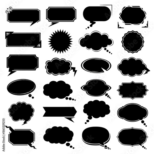 Collection of various black speech bubbles and comic book graphic elements