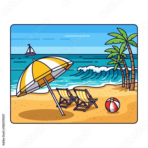 A sunny beach scene with a yellow umbrella chairs and a calm ocean