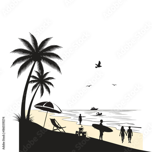 Silhouette of a tropical beach scene with palm trees and ocean waves