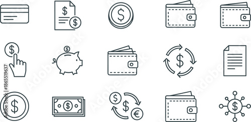 Comprehensive set of finance and banking line icons featuring credit cards wallets piggy banks currency exchange and dollar coins.