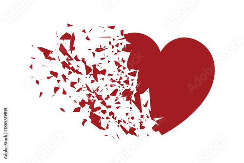 Red heart shape breaking apart into pieces on white background