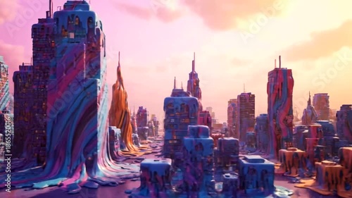 Surreal Cityscape with Melting Buildings and Vibrant Colors.