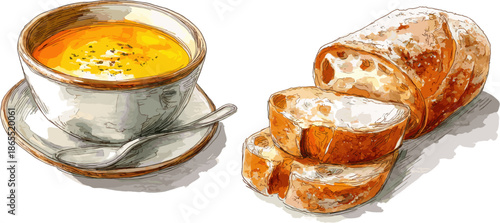 A bowl of creamy pumpkin soup and slices of crispy sourdough bread, on a white background. Hand drawn vector illustration set.