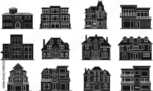 House silhouette collection, residential building icons, modern and classic home vector set, architecture design graphics, real estate property illustrations