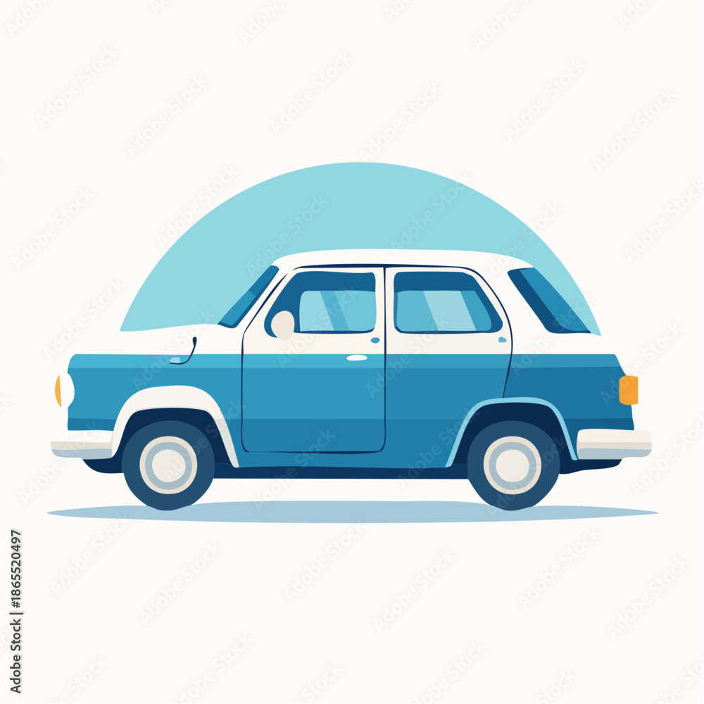 Fototapeta premium Retro automobile illustration: classic blue and white vintage car side view graphic
