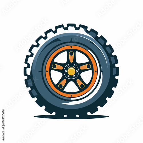 Detailed graphic illustration of a rugged vehicle tire with an orange rim and tread pattern.