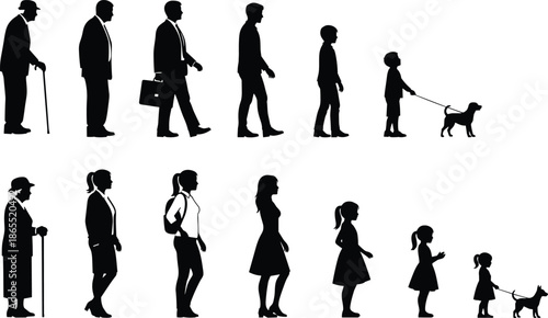Human life stages, silhouette evolution, childhood to old age, male and female, aging concept, profile figures, timeline, symbolic growth
