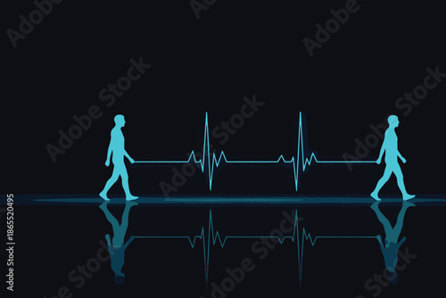 Two blue human silhouettes walking on either side of an electrocardiogram line on dark surface