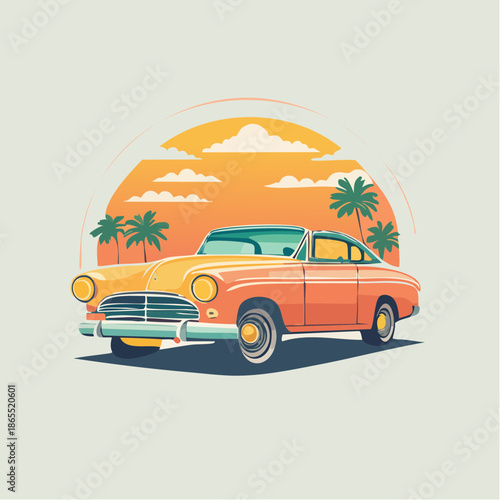 Retro classic car cruising at sunset in a tropical paradise illustration