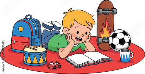 Cute cartoon boy lying on a red rug reading a book surrounded by his favorite toys skateboard backpack drum and soccer ball.