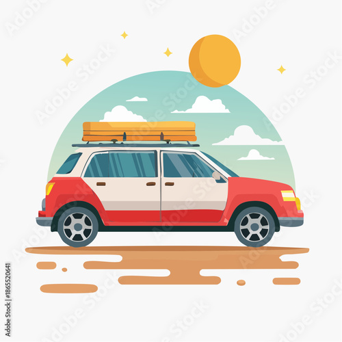 Sunny Day Road Trip Adventure with a Modern SUV and Luggage on Top Vector Illustration