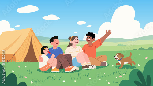 Joyful Outdoor Camping Gathering with Friends and Pet