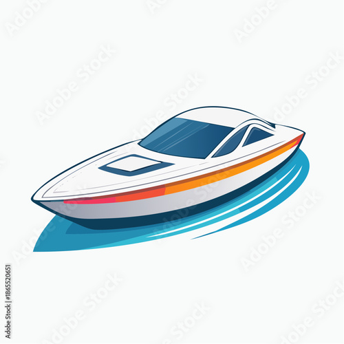 Sleek speedboat illustration navigating blue waters with vibrant stripes and a sense of swift motion.