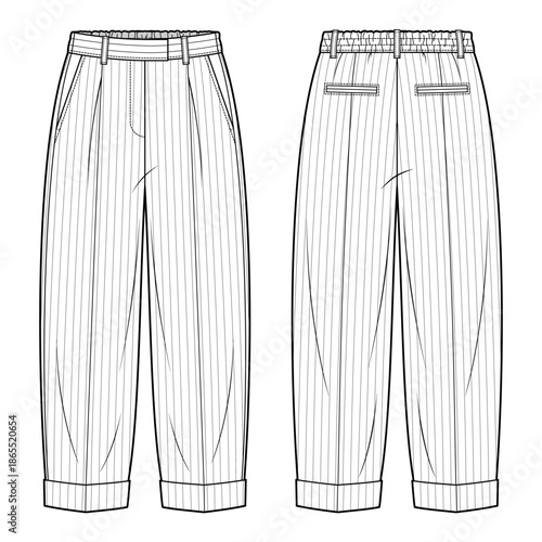 Cuffed Hem Trousers Technical Fashion Illustration. Casual Pants Vector Template. Front and Back Views. Straight Leg Fit. Side Pockets. Belt Loops. Men’s Wear. White Color. CAD Mockup Set.