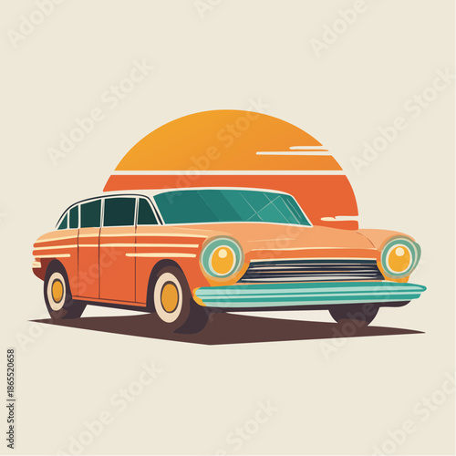 Retro orange classic car illustration with sunset backdrop, vintage automobile graphic art design