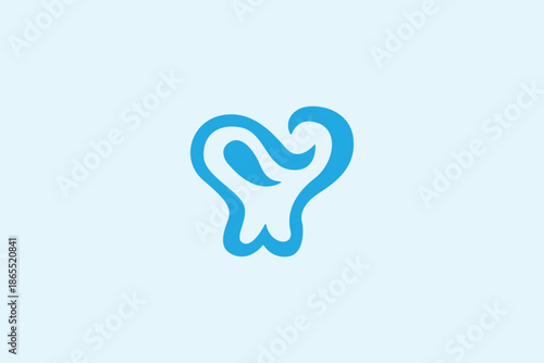 A modern, minimalist abstract dental logo design, featuring a stylized blue "tooth" graphic with flowing lines that form a heart shape in the negative space.