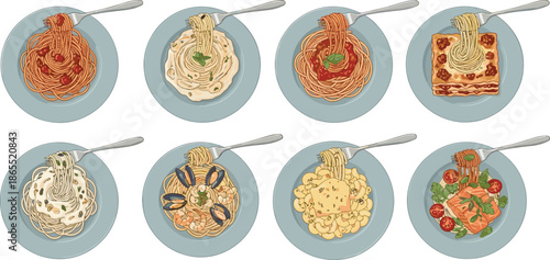 Illustrated pasta dishes, Italian cuisine variety, spaghetti meals, gourmet food illustration, delicious pasta plates, culinary artwork collection, detailed food drawing