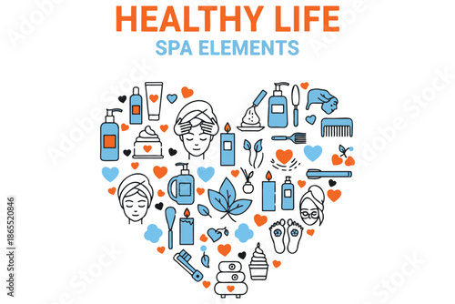 healthy life spa elements icons in a heart shape with hearts and various beauty products