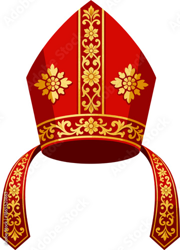 Flat Vector Red Bishop Mitre with Symmetric Gold Floral Embroidery and Flowing Tassel Ribbons