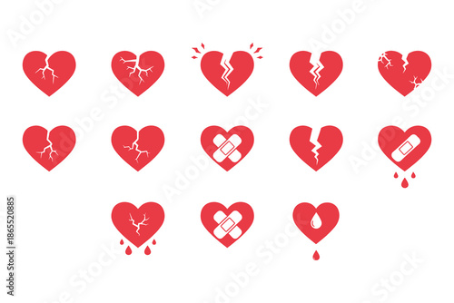 Collection of red heart icons with cracks and bandages on white background